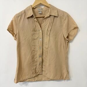Edward Linen Short Sleeve Button‎ Down Shirt Womens Large Tan Pleated Minimalist